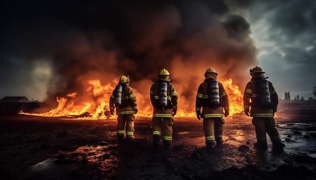 Firefighters in uniform working together to rescue people from burning buildings generated by artificial intelligence