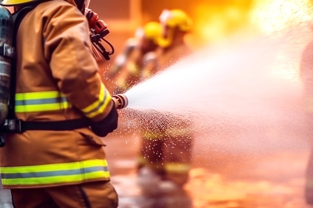 Foto i vigili del fuoco usano estintori e spruzzano acqua