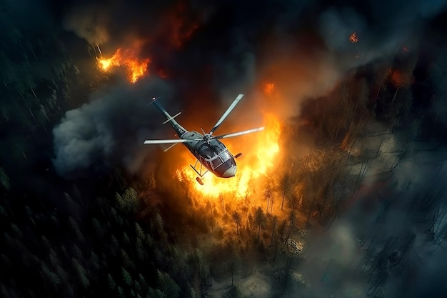 Firefighters use a helicopter to extinguish a forest fire Forest fires are a problem of climate change and global warming Generative ai