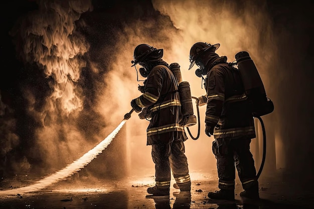 Firefighters using hose to put out flames at scene of fire