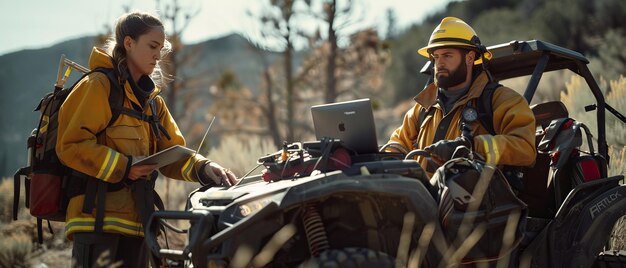 Foto i vigili del fuoco usano i computer portatili per scoprire la migliore strategia di estinzione per un incendio selvatico usando un veicolo all-terra e usando un computer portatile