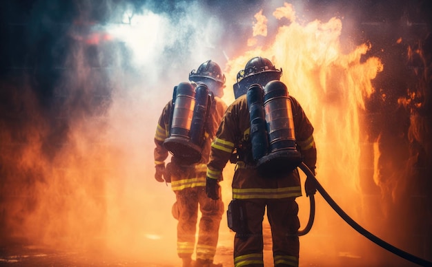 Photo firefighters using twirl water fog type fire extinguisher to fighting with fire flame generative ai