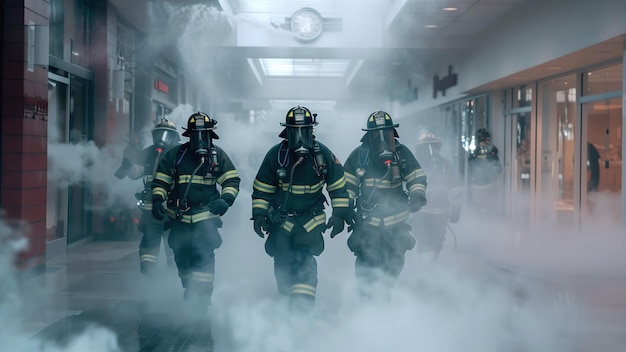 Firefighters walking through smoke in building corridor