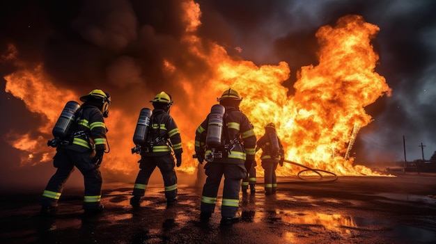 Photo firefighters watching a fire with a hose on the front