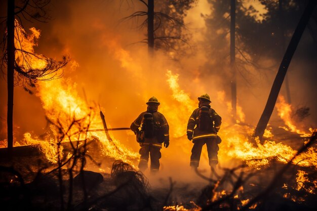 Firefighters wearing fire fighter suit for safety and using twirl water extinguisher for fighting the fire flame in emergency situation safety firefighter and industrial concept