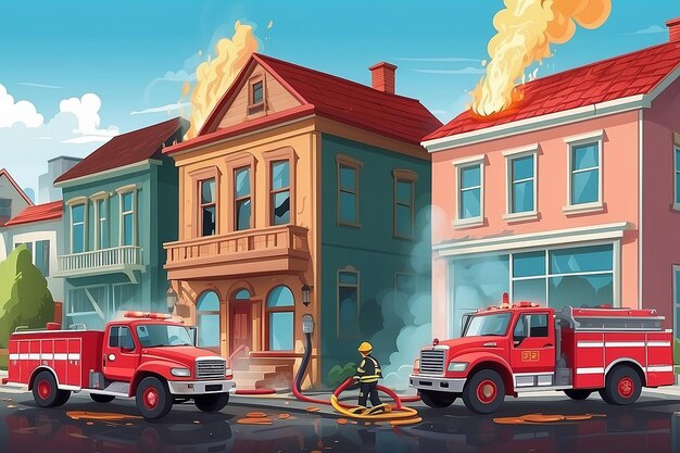 Photo firefighters with engine fire truck extinguish civil house in town natural disaster concept cartoon