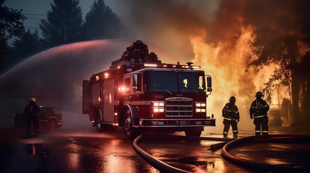 Пожарные с пожарной машиной тушат пожар
