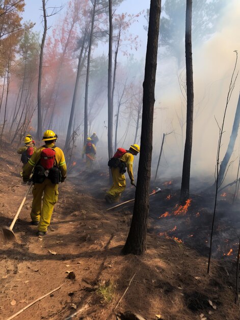 Photo firefighters work to control forest fire