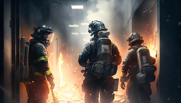 Firefighters work on fire firemen walk in building on flame background generative AI