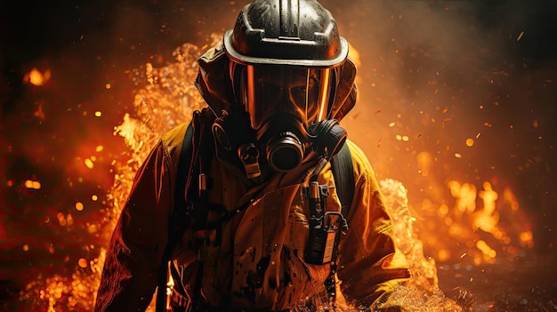 Firefighters at work saving people from fire during a fire