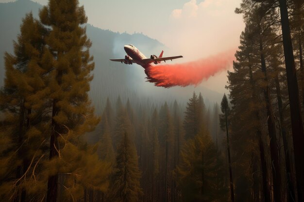 소방 항공기는 난연제를 떨어 뜨리는 숲 위로 날아갑니다.