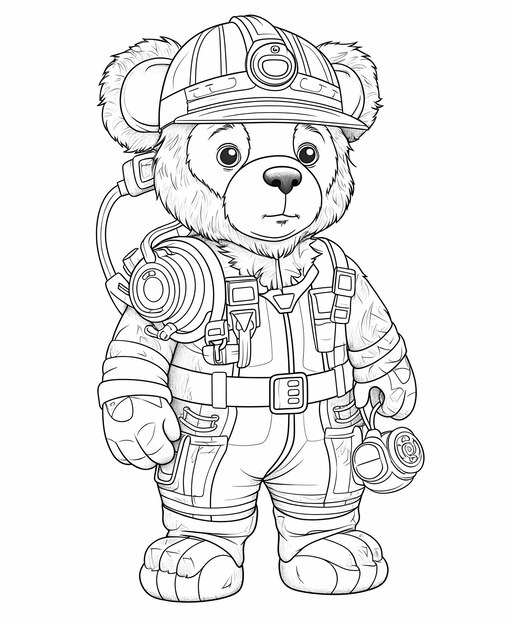 Photo firefighting fun cute baby bear in black white coloring page