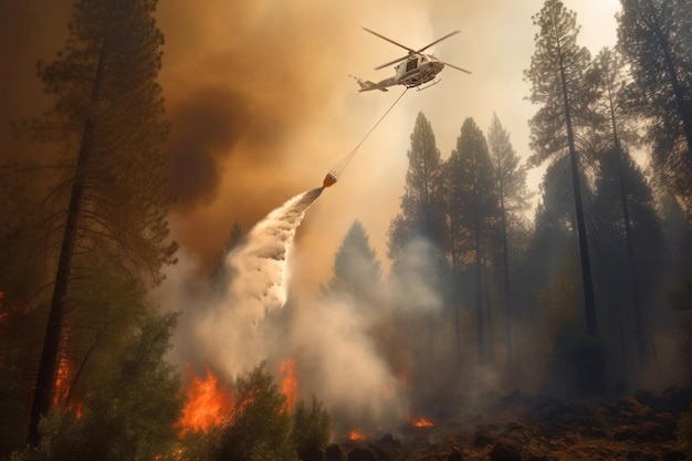 消防ヘリコプターがバケツから水を投下し、下で猛威を振るう森林火災を鎮めることを目指している 生成 AI イラストの劇的なビュー