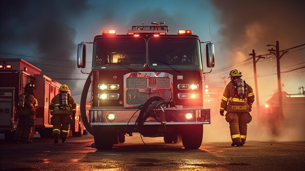 Photo a firefighting unit putting down the fire with firetruck incredibly detailed