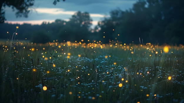 Fireflies dancing in a field of flowers at night The fireflies create a magical and whimsical atmosphere The image is full of beauty and wonder