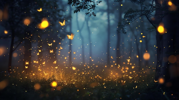 Foto le lucciole danzano in una foresta magica di notte creando una scena bellissima e incantevole