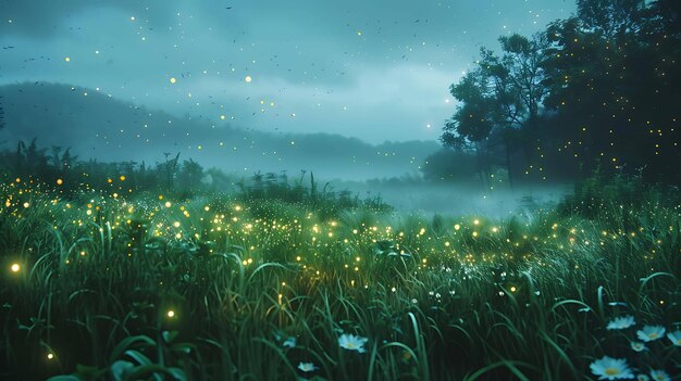 밤에 여름의 초원에서 춤을 추는 반불이, 나무들 사이에서 달이 빛나고, 풀이 초록색이고 울창하며, 꽃이 피고 있다.
