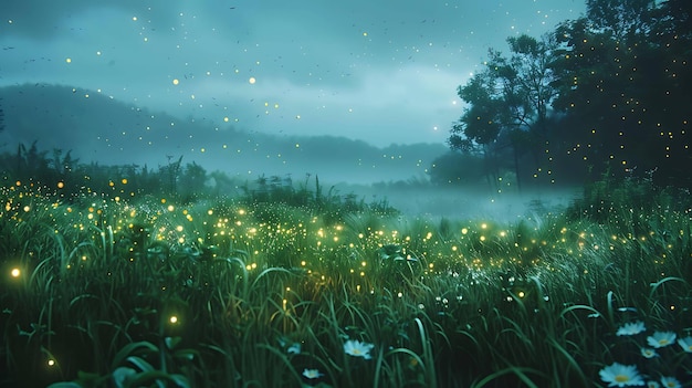 밤에 여름의 초원에서 춤을 추는 반불이, 나무들 사이에서 달이 빛나고, 풀이 초록색이고 울창하며, 꽃이 피고 있다.