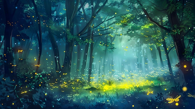 Photo fireflies in the forest a digital painting illustration