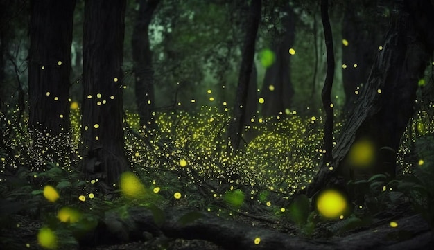 Fireflies in the forest at night