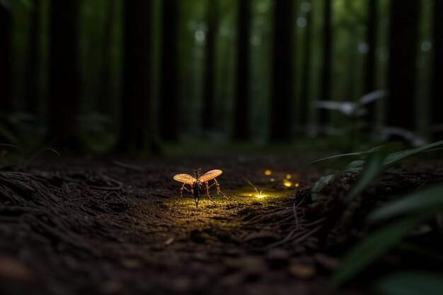 Fireflies glowing in the forest at night