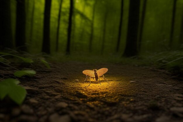 Fireflies glowing in the forest at night