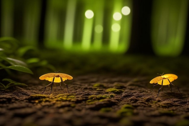 Fireflies glowing in the forest at night