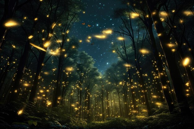 Photo fireflies illuminating a forest at dusk there are many yellow fireflies floating in the water ai generated