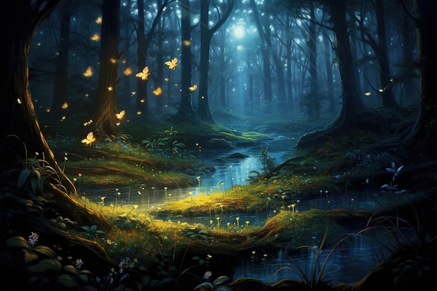 Fireflies illuminating a secluded forest at dusk