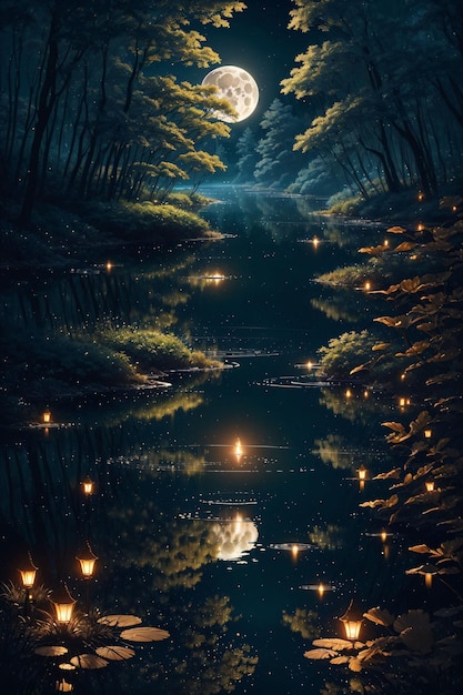 светлячки на озере в лесу ночью
