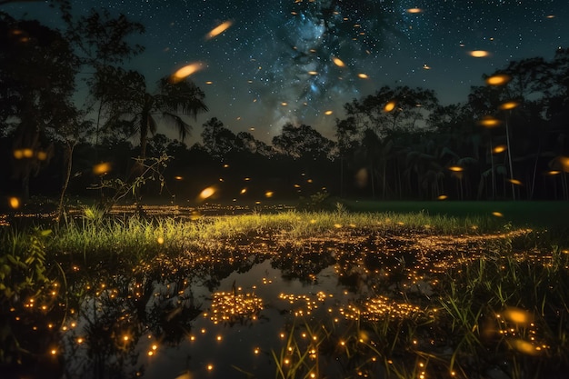 Fireflies Lighting Up Summer Night Sky Generative AI