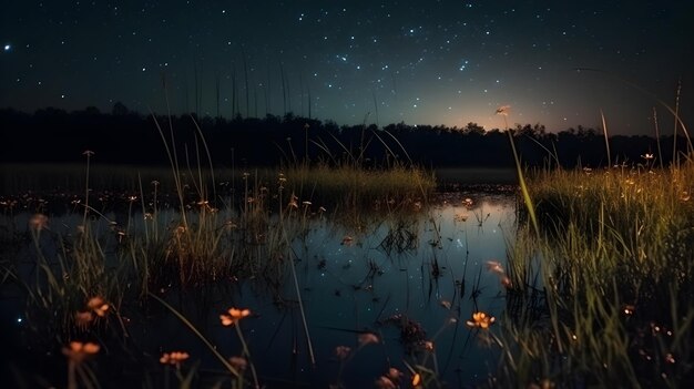 夜に湖のほとりの草原で光虫が生み出します