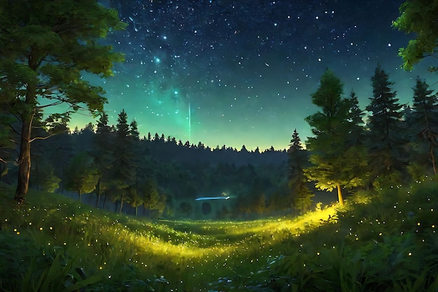 Fireflies in the night forest