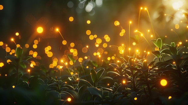 Photo firefly display on a warm summer night tiny lights against the dark