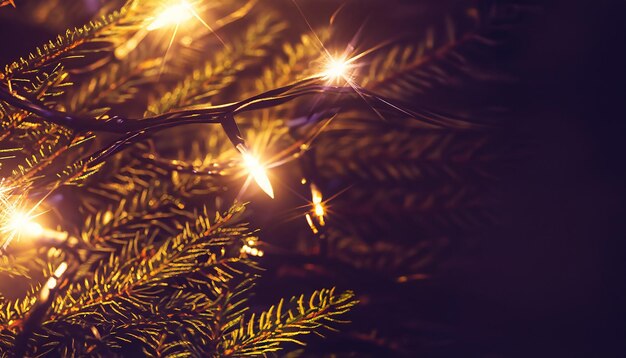 Foto firefly donkere kerstboom close-up achtergrond met sprankelende kerstnacht achtergrond met lichten