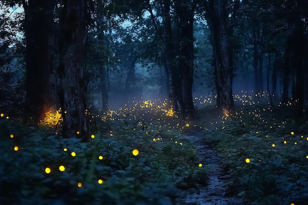 firefly flying in the night forest abstract and magical image