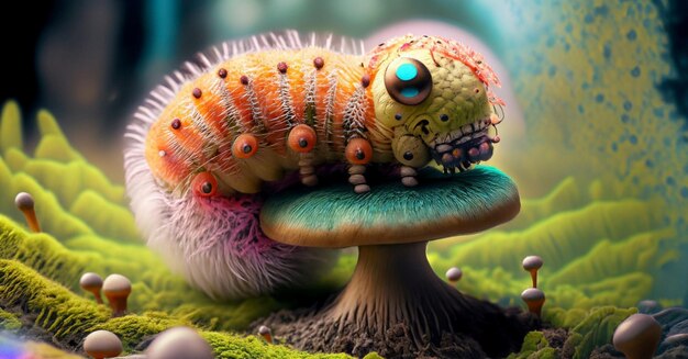 Firefly fuzzy psychedelic caterpillar sitting on a mushroom