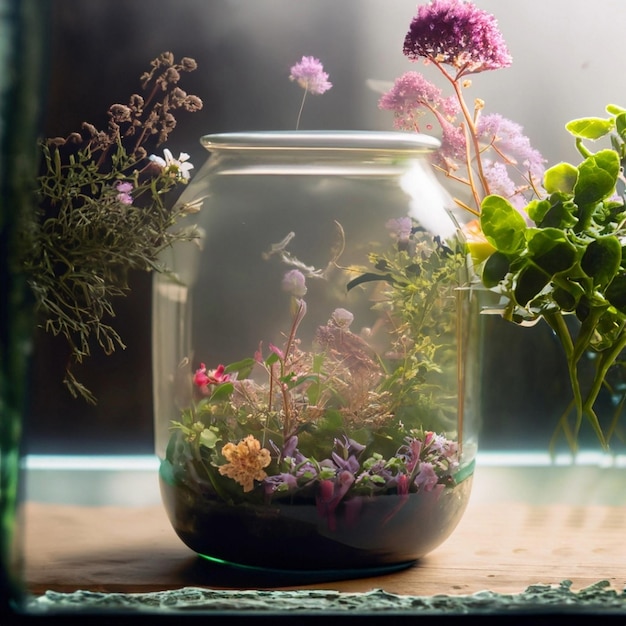 Photo firefly a glass jar terrarium filled with many flowering plants