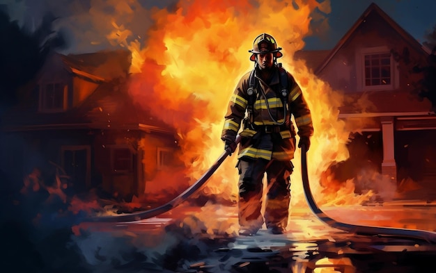 Fireman in Action Battling a Blazing House Generative Ai