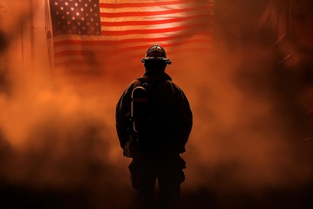 Fireman on American flag background USA patriot day national service date and commemoration september 11 concept Illustration Generative AI