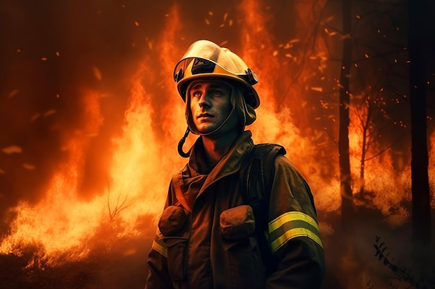 Fireman on the background of a burning forestGenerative AI illustration