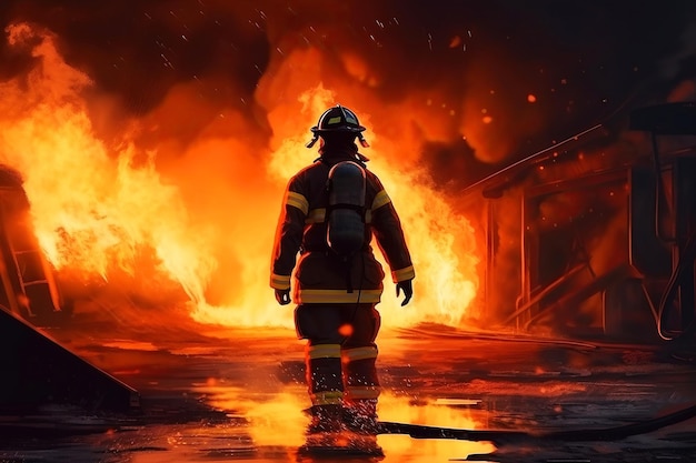 Пожарный на фоне открытого огняГенеративная иллюстрация ИИ