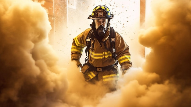 A fireman breaks through a smoke barrier using Generative AI