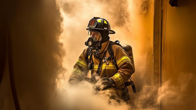 A fireman breaks through a smoke barrier using Generative AI