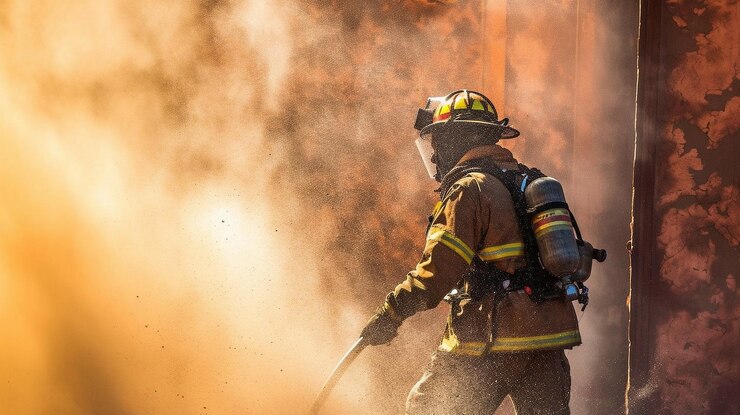 Photo a fireman breaks through a smoke barrier using generative ai