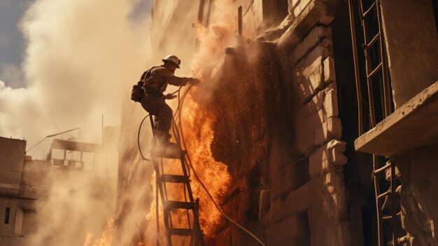 Foto un pompiere sale su una scala e spruzza acqua per spegnere gli incendi nelle rovine degli edifici