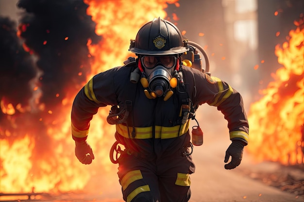 Fireman examining burning corridor during rescue mission ai generative