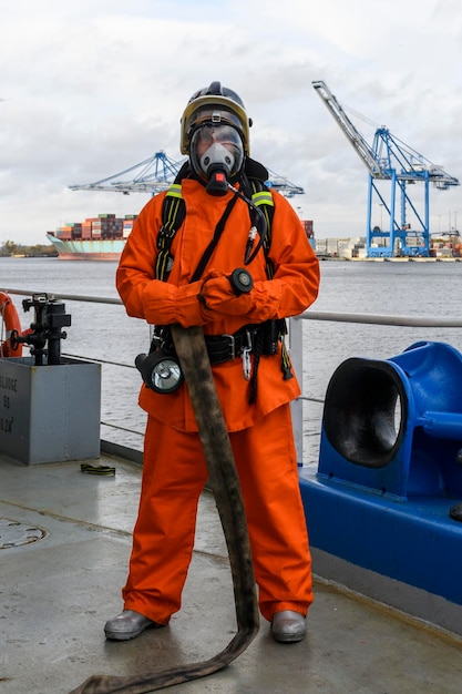 Foto vigile del fuoco equipaggiamento antincendio esercitazione antincendio marinaio con abiti da vigile del fuoco e autorespiratore