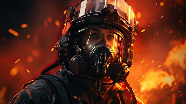 A fireman in a helmet protective helmet and mask in a fireproof suit extinguishes a fire
