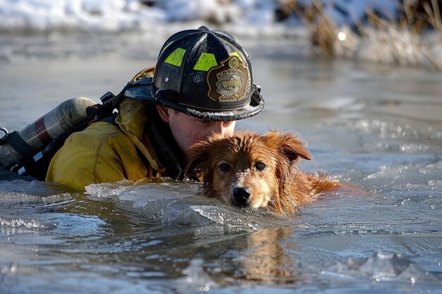 Photo a fireman and his dog are in the water